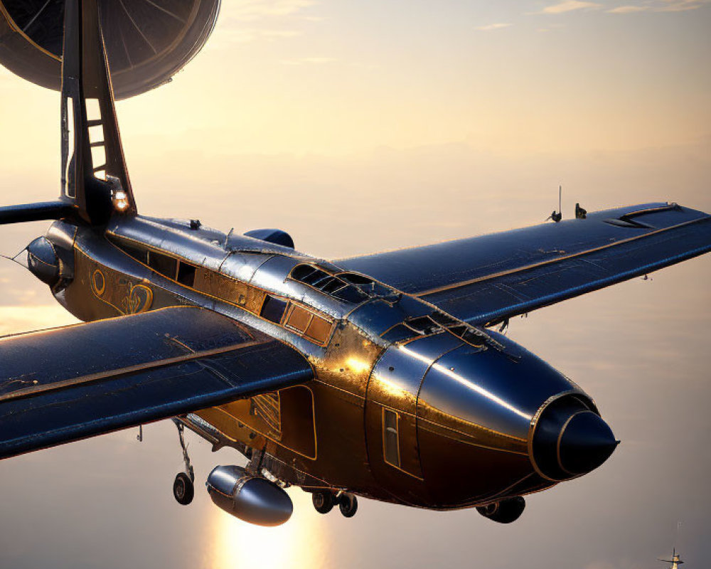 Golden airplane flying over calm sea at sunset with satellite dish and second plane.