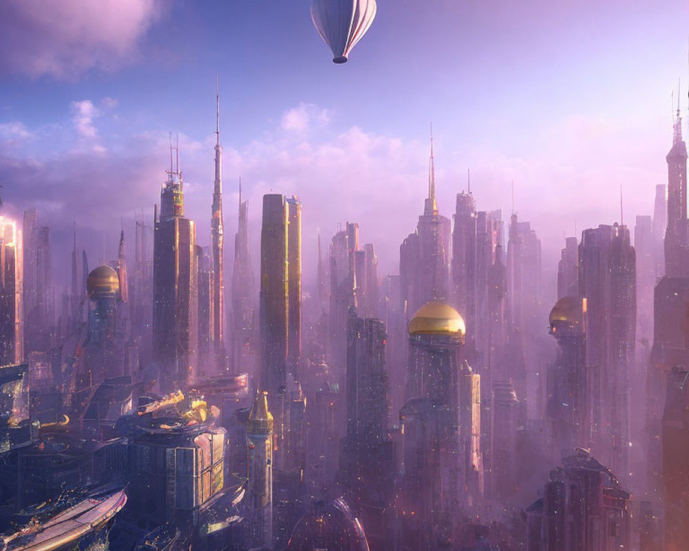 Futuristic cityscape with hot air balloon above towering skyscrapers