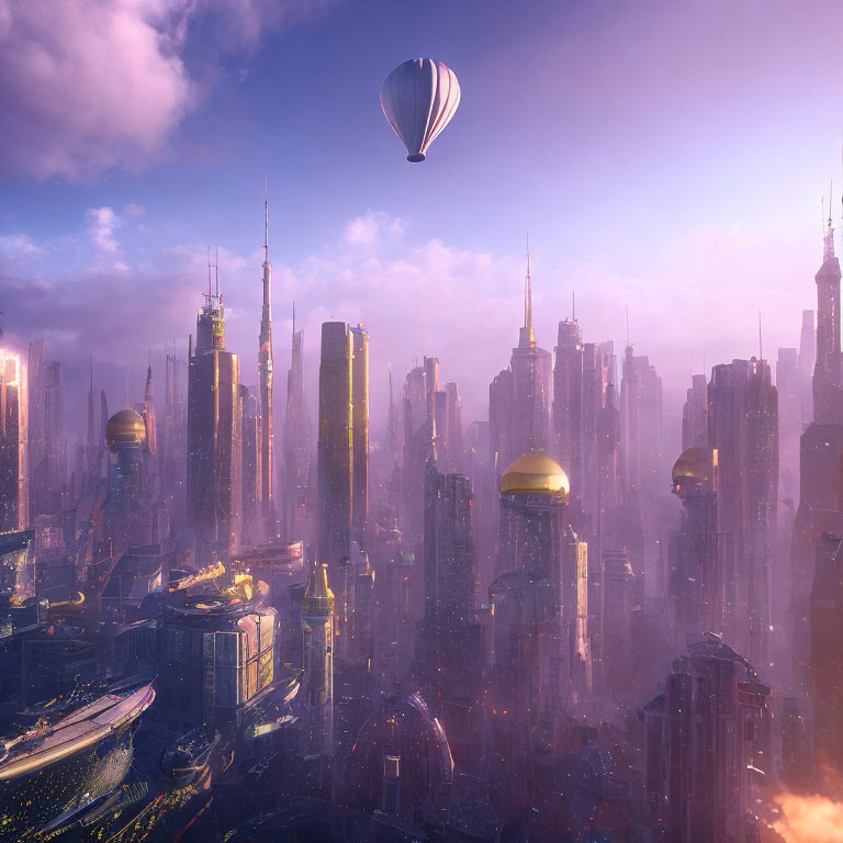 Futuristic cityscape with hot air balloon above towering skyscrapers