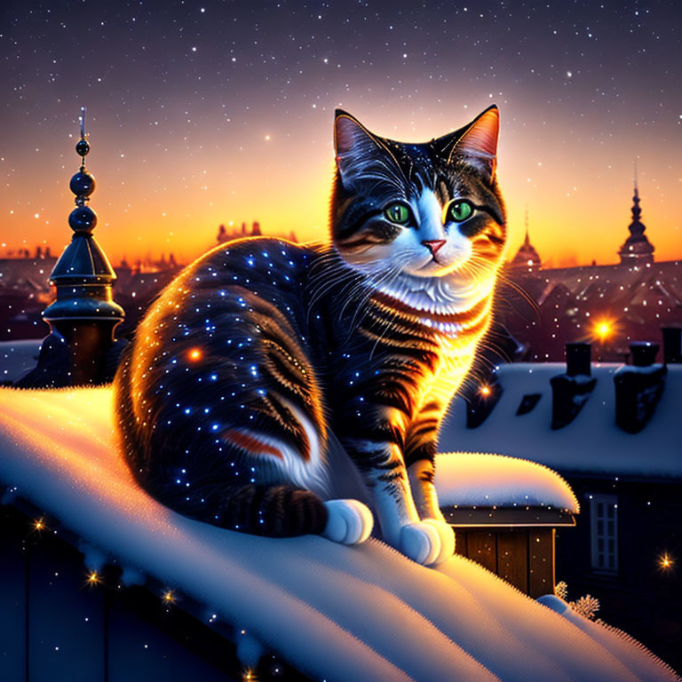 Tabby cat with glowing stripes on snowy rooftop under starry night sky