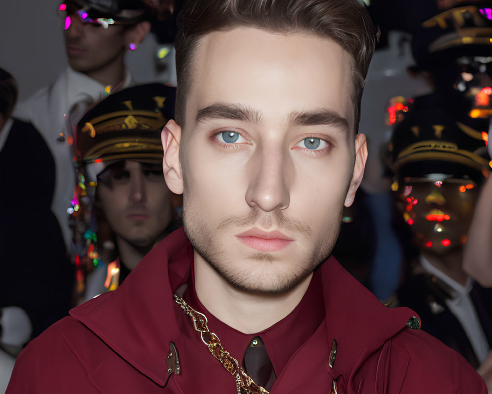 Styled man in burgundy jacket with chains among blurred military figures