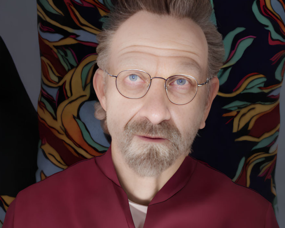 Man with Graying Hair, Mustache, Round Glasses, Red Shirt, and Patterned Cushion