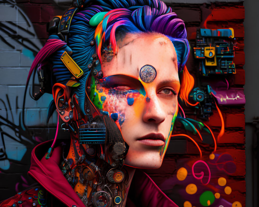 Colorful portrait blending person with cybernetic features, colorful hair, mechanical parts, and artistic makeup