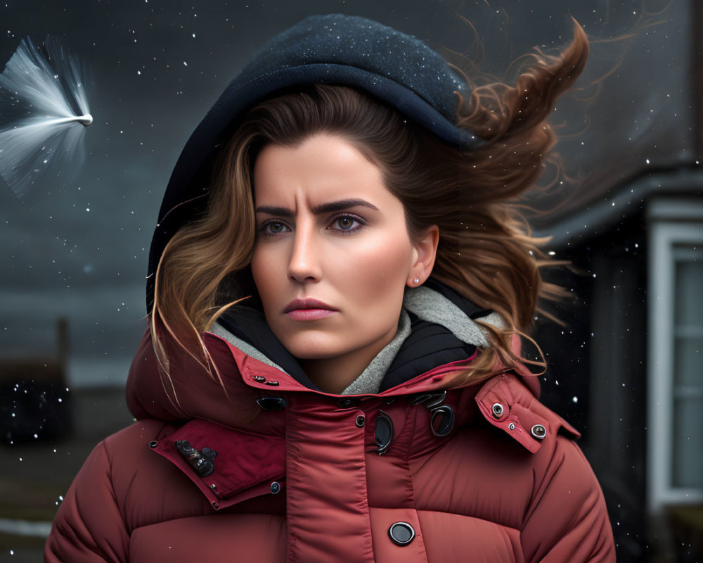 Woman in Red Winter Coat and Hat Standing Outdoors in Snowfall