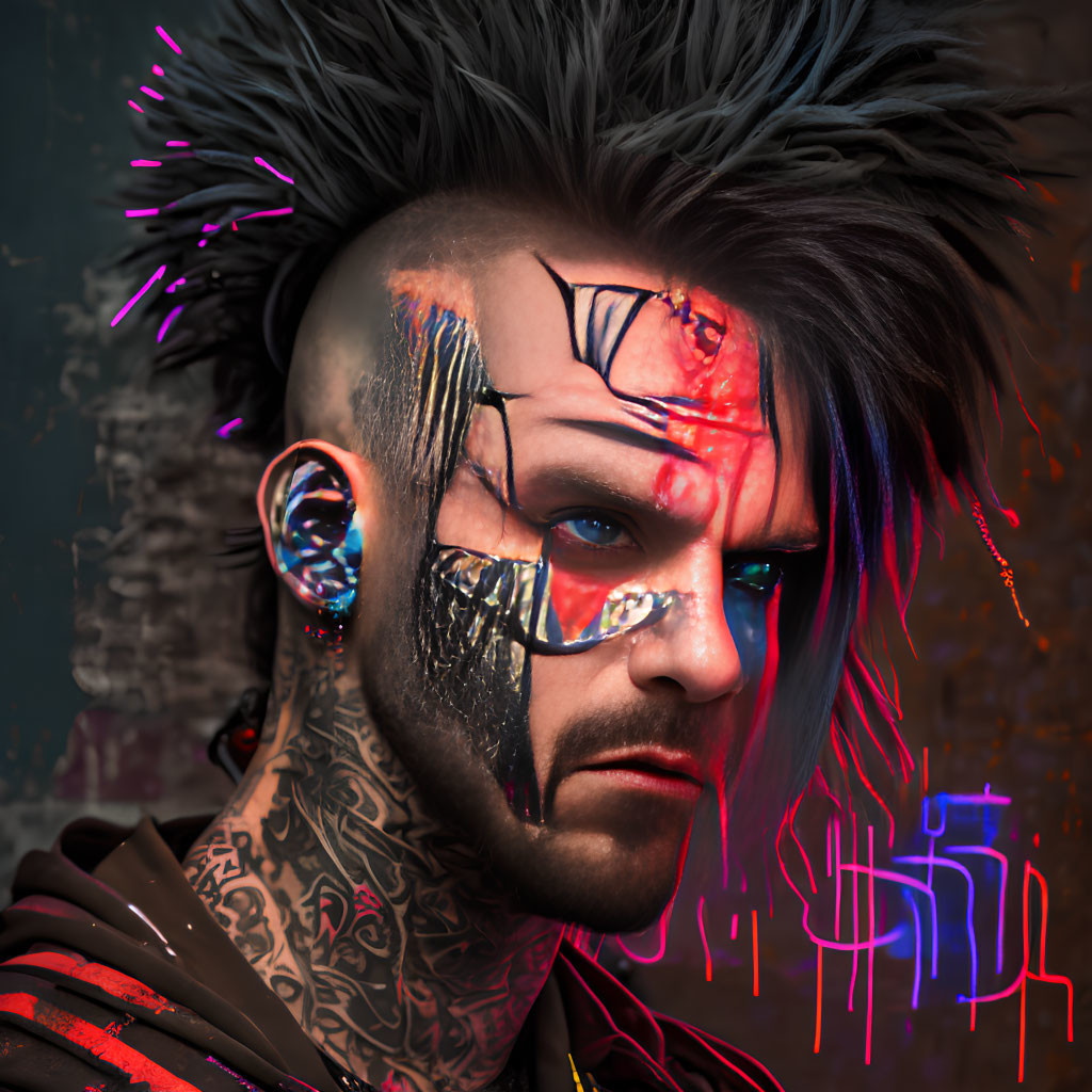 Man with cyberpunk-inspired mohawk, neon makeup, tattoos, and piercings.