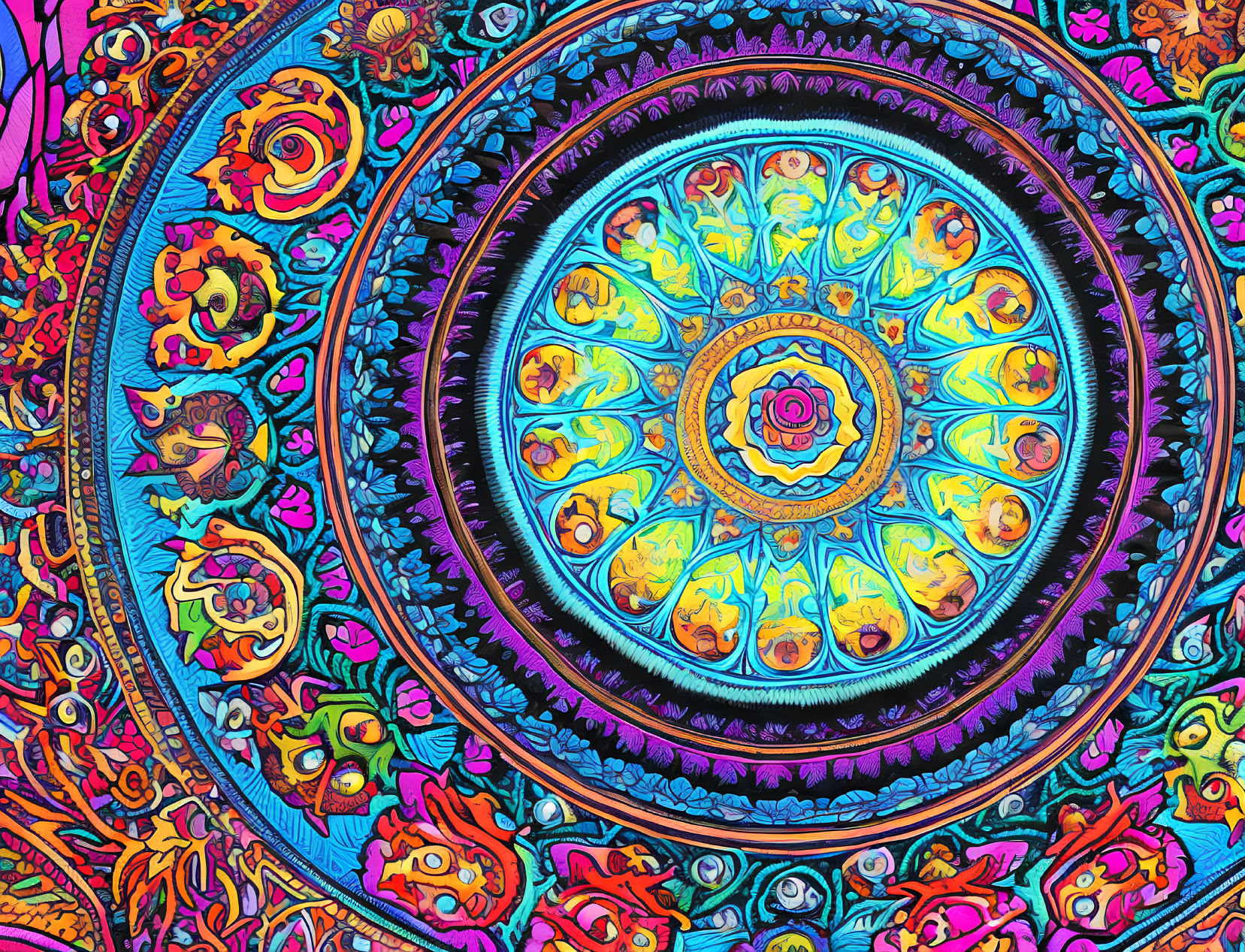 Colorful Mandala Design with Intricate Patterns and Floral Border