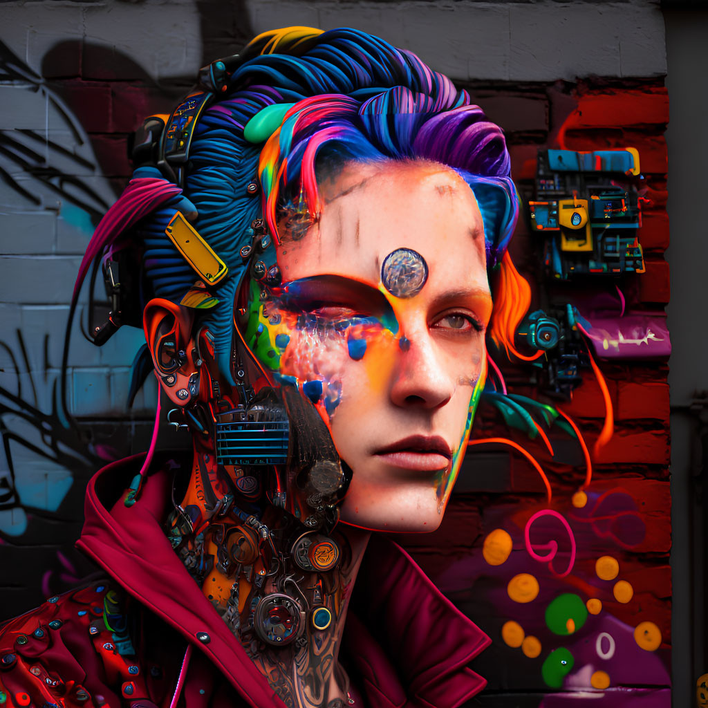 Colorful portrait blending person with cybernetic features, colorful hair, mechanical parts, and artistic makeup