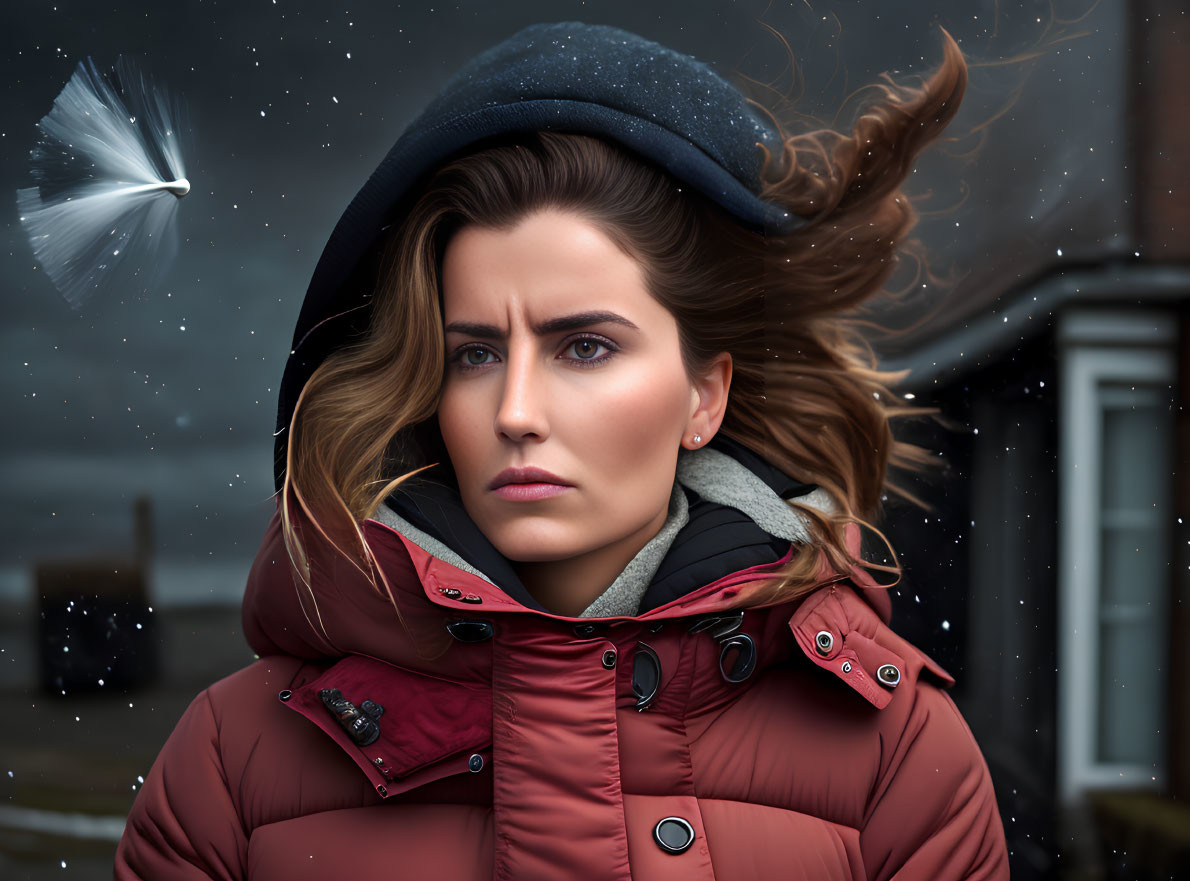 Woman in Red Winter Coat and Hat Standing Outdoors in Snowfall