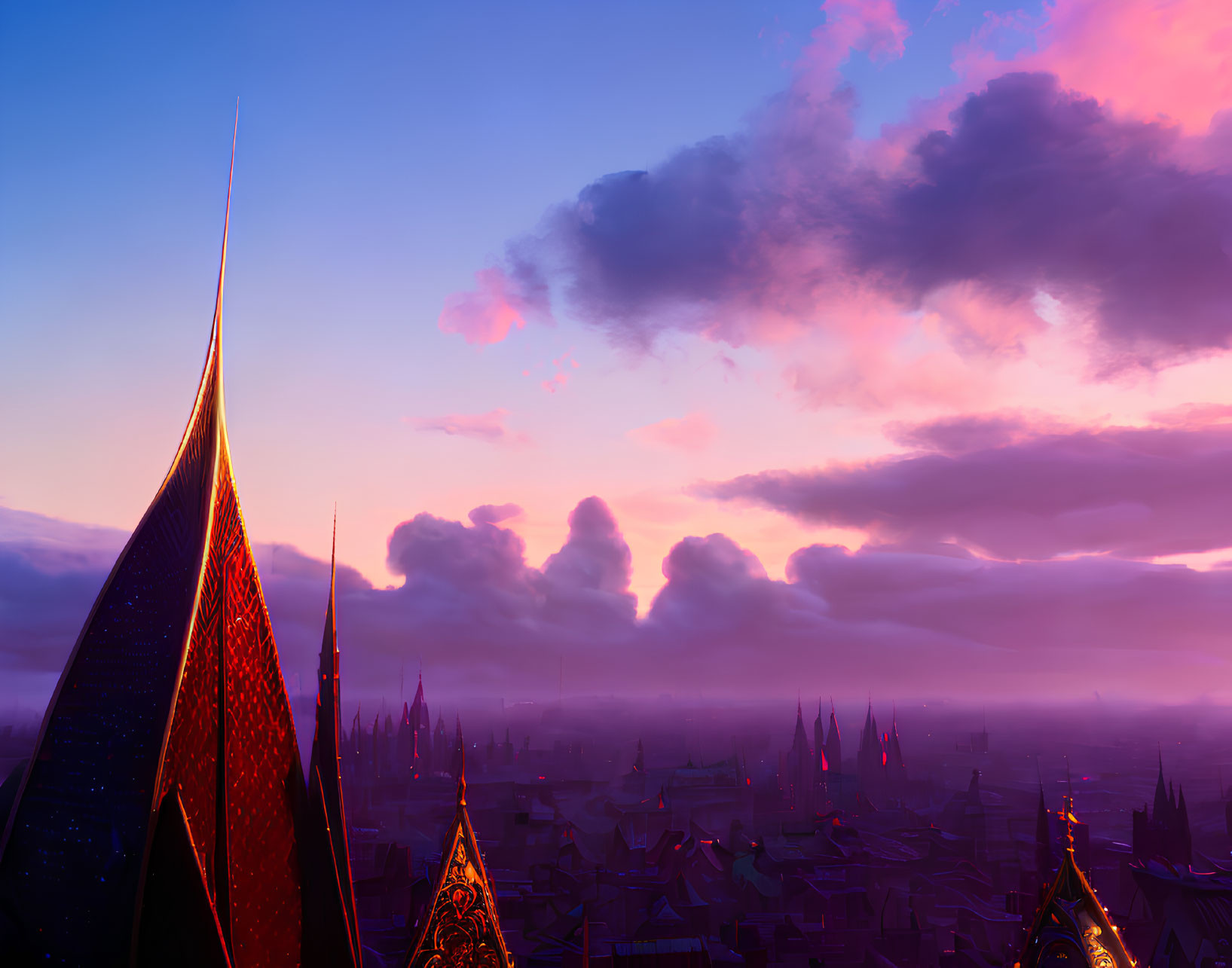 Futuristic cityscape at sunset with tall spire-like buildings under a dramatic pink and purple sky