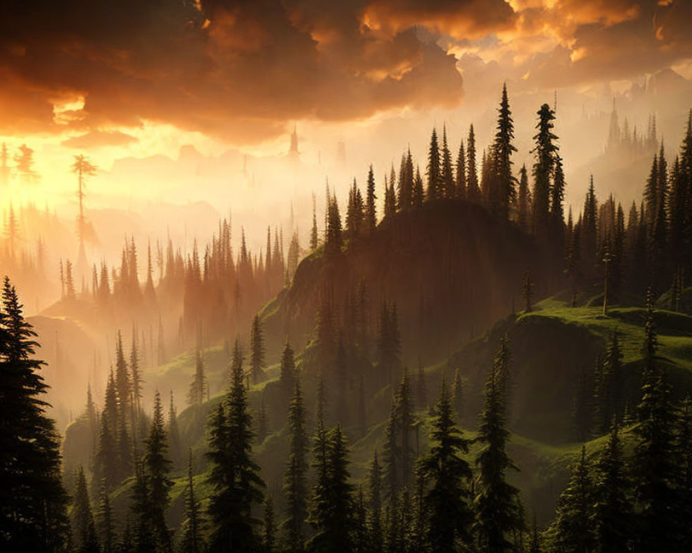 Tranquil sunset landscape with green hills, coniferous trees, misty mountains, and orange