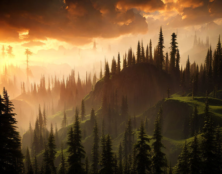 Tranquil sunset landscape with green hills, coniferous trees, misty mountains, and orange