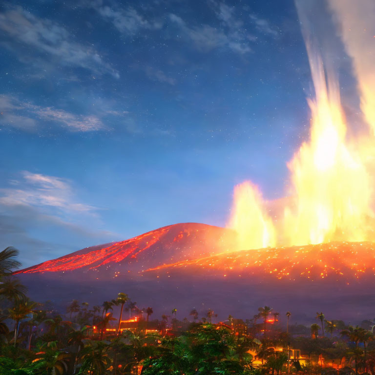 Volcanic eruption at night with lava streams in tropical setting