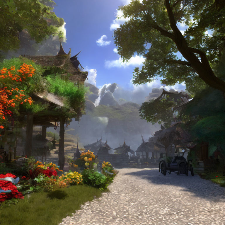 Scenic village with cobblestone paths, vibrant flowers, traditional houses, distant mountain, sunny sky