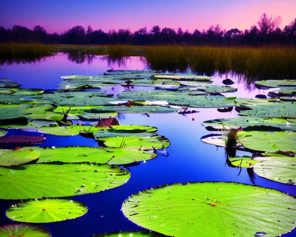 Tranquil Twilight Scene: Still Pond, Green Lily Pads, Reflective Sky