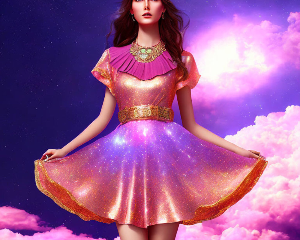 Woman in Glittery Pink Cosmic Dress Against Purple Sky