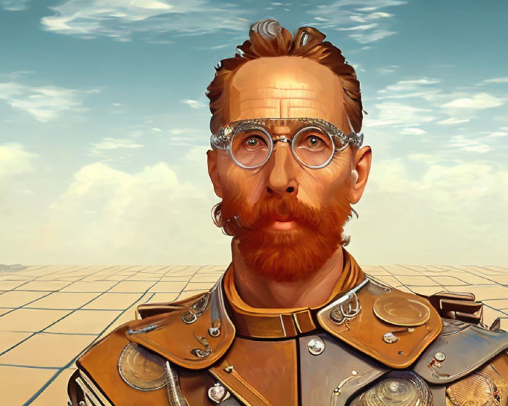 Man in Beard and Glasses Wearing Armored Suit in Grid Landscape