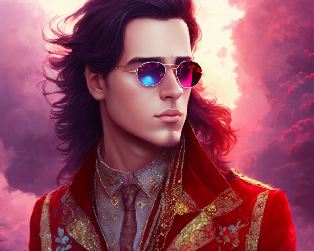 Man in Reflective Sunglasses & Red Floral Jacket Portrait