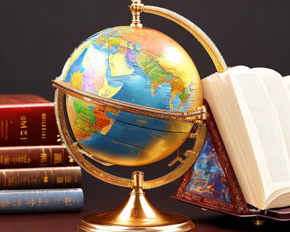 Detailed Globe on Brass Stand Next to Open Book and Stacked Hardcover Books on Dark Shelf