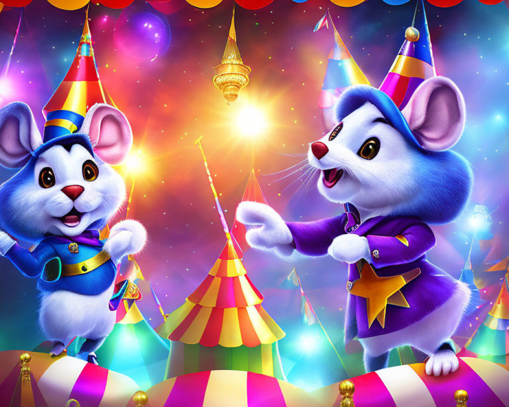 Animated mice in party hats interact at colorful circus tent.