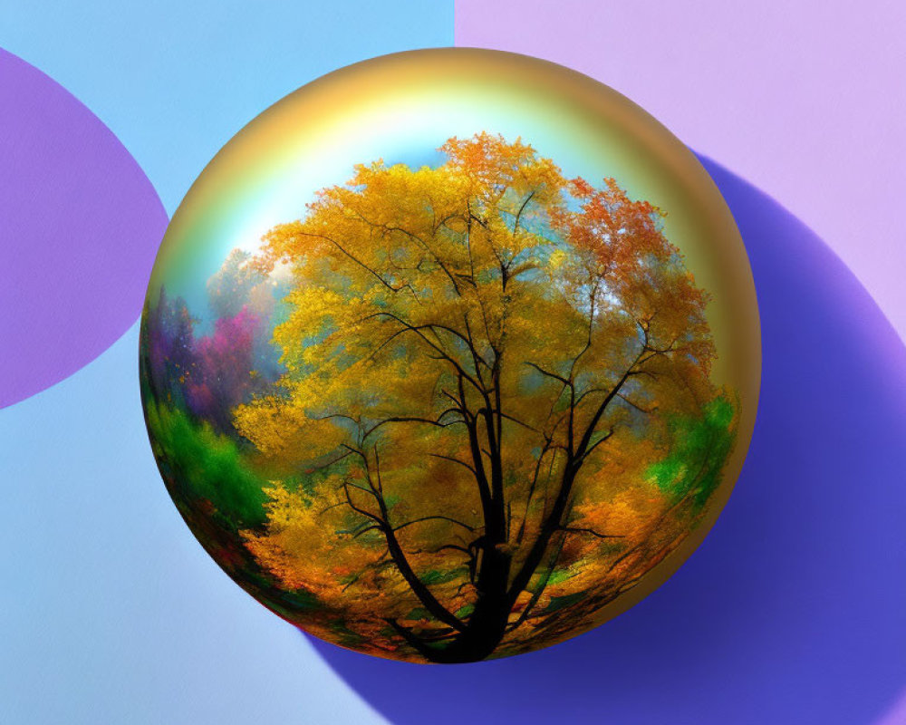 Colorful autumn trees reflected on shiny sphere with geometric purple and blue background