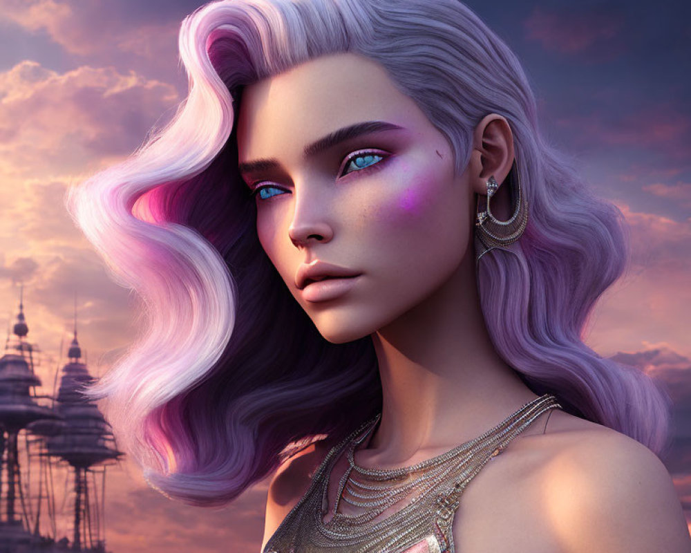 Digital Artwork: Female Figure with Purple and White Hair in Fantasy Skyline