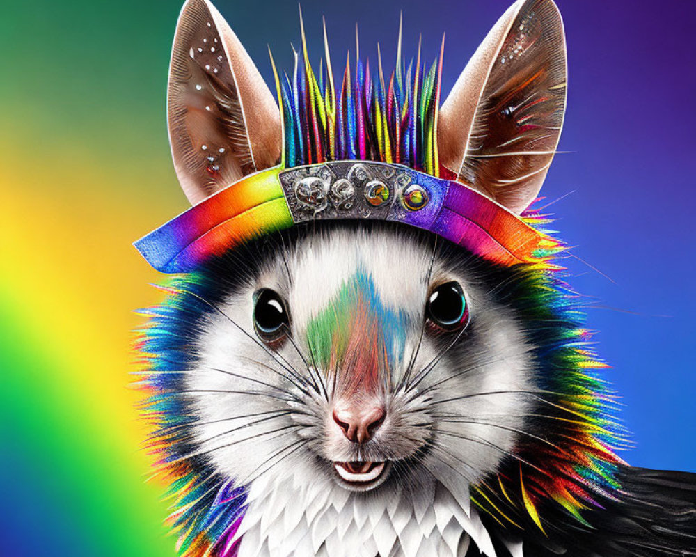 Colorful Cat Portrait with Punk Hairstyle and Rainbow Headband on Vibrant Background