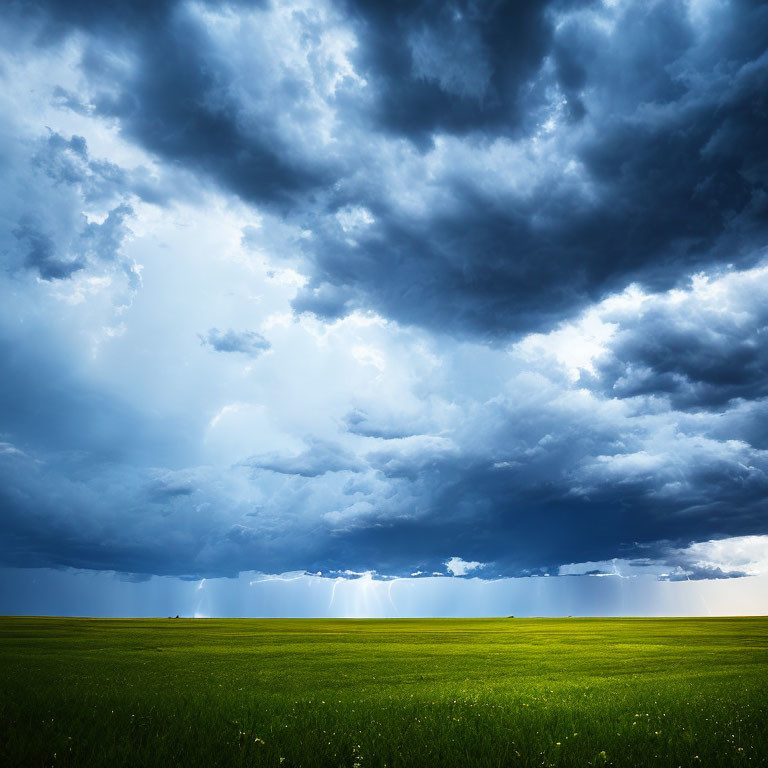 Dramatic landscape with dark storm clouds and sunbeams illuminating green field