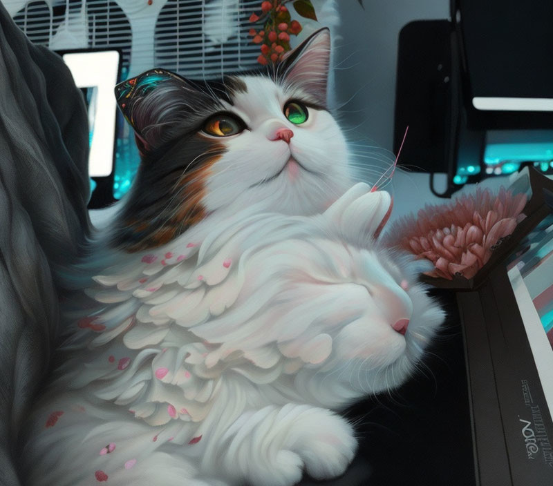 Fluffy cats with angel wings cuddle on desk with keyboard and pink flower petals