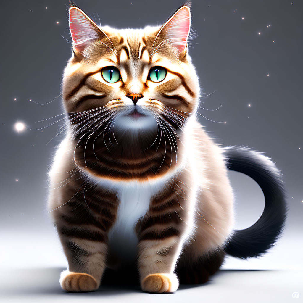 Detailed digital artwork: Brown striped cat with green eyes, fluffy tail, realistic fur, on gray background