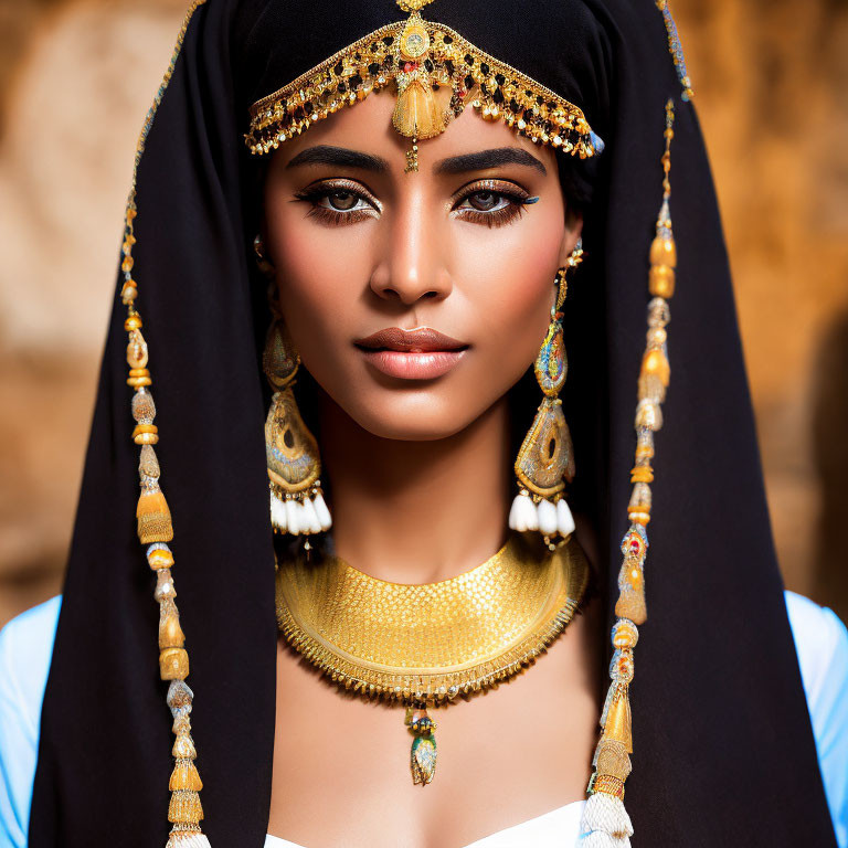 Portrait of Woman in Embellished Headpiece and Golden Jewelry