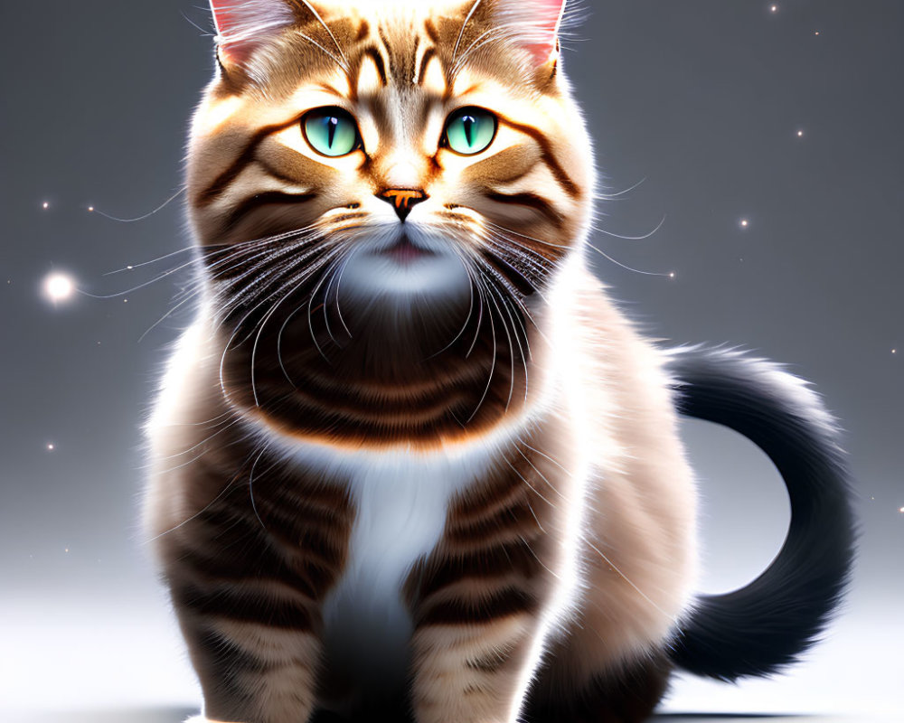 Detailed digital artwork: Brown striped cat with green eyes, fluffy tail, realistic fur, on gray background