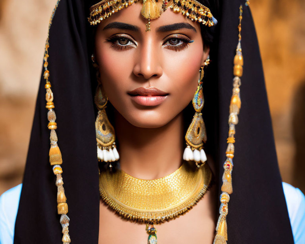 Portrait of Woman in Embellished Headpiece and Golden Jewelry