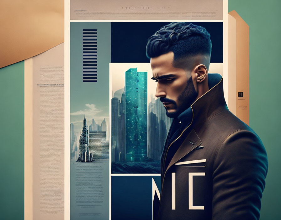Stylized digital illustration of man with modern haircut in futuristic cityscape