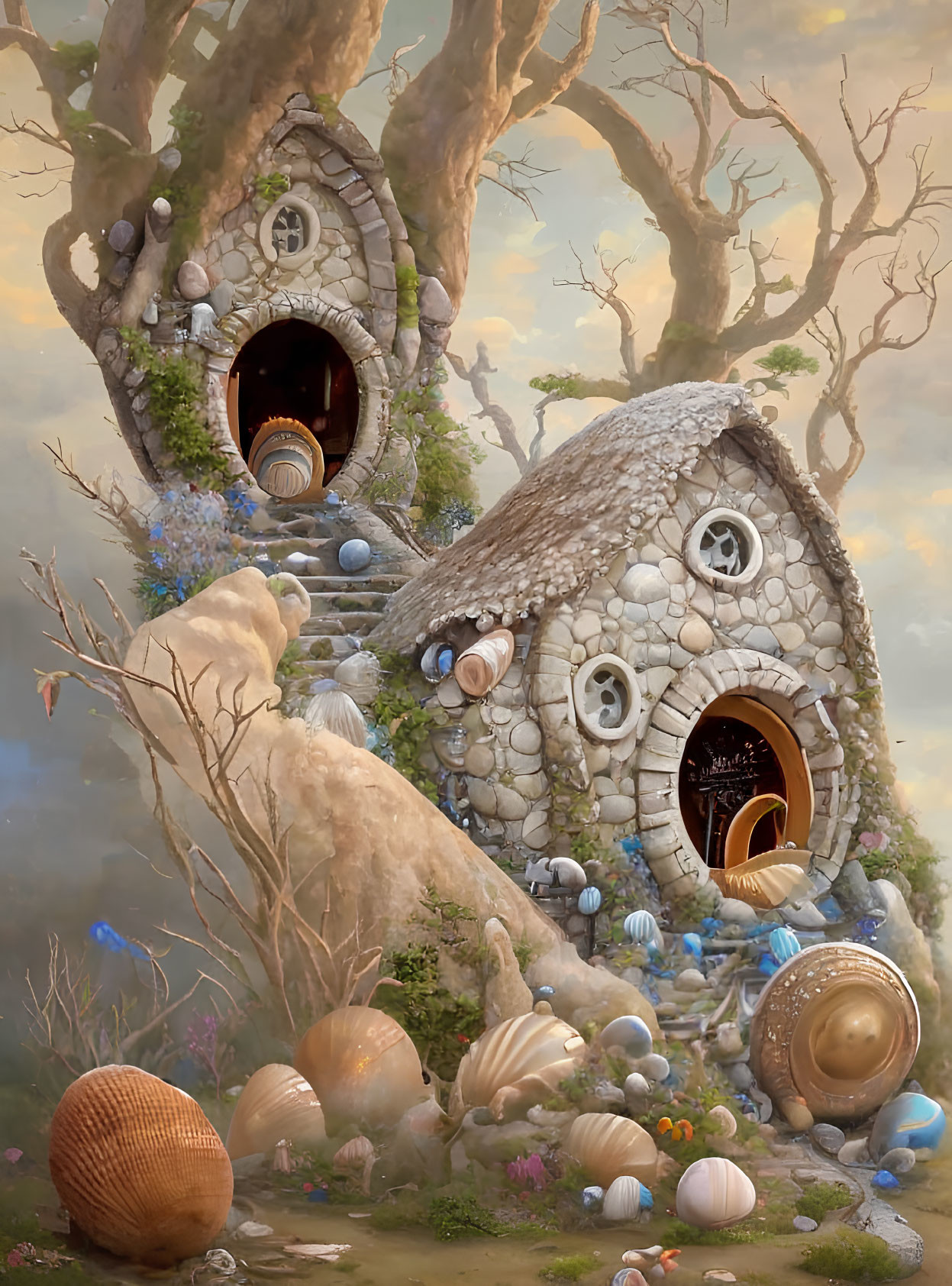 Whimsical fantasy illustration of shell-adorned treehouses in mystical forest