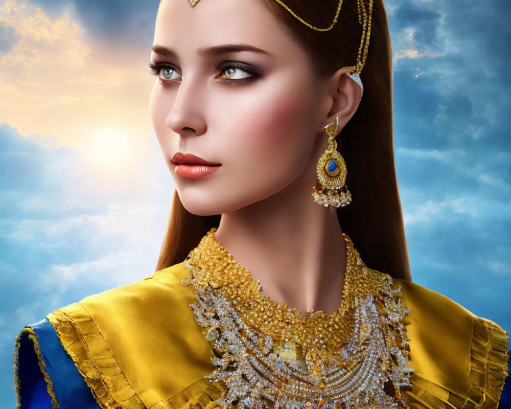 Digital portrait of woman in golden headpiece, earrings, and yellow garment against sky.