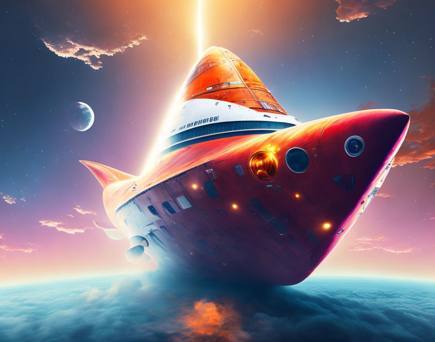 Whimsical sea creature spaceship soaring through colorful skies