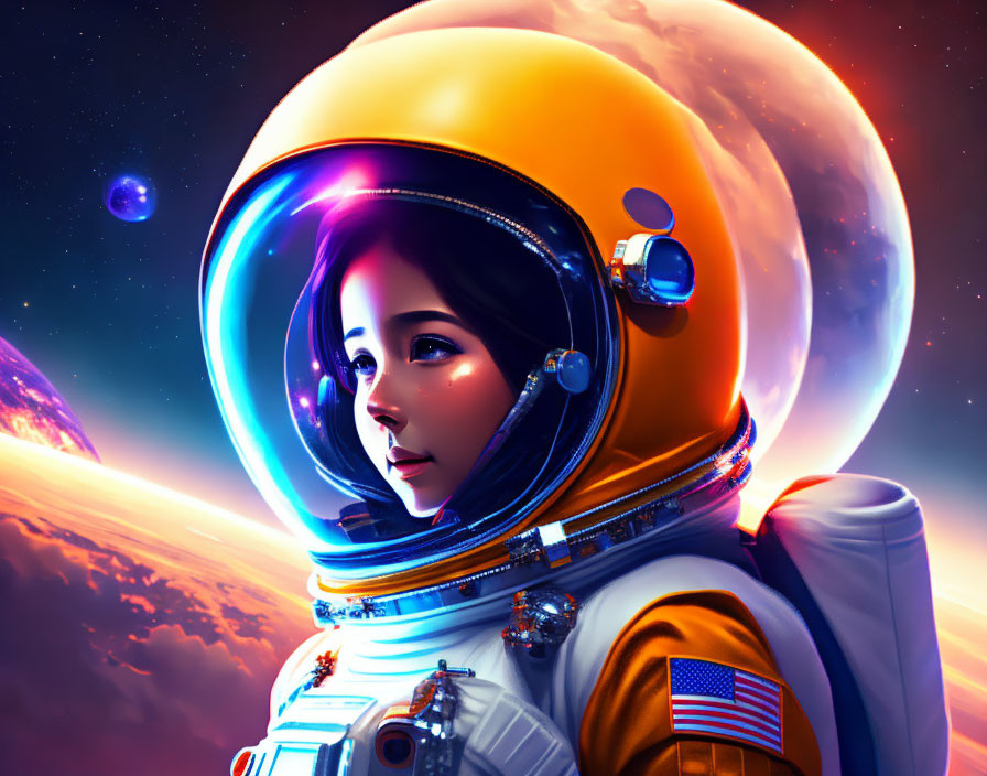 Female astronaut digital artwork with reflective helmet visor in vibrant cosmic scene