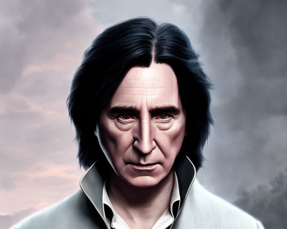 Male character with long black hair in digital portrait against stormy sky