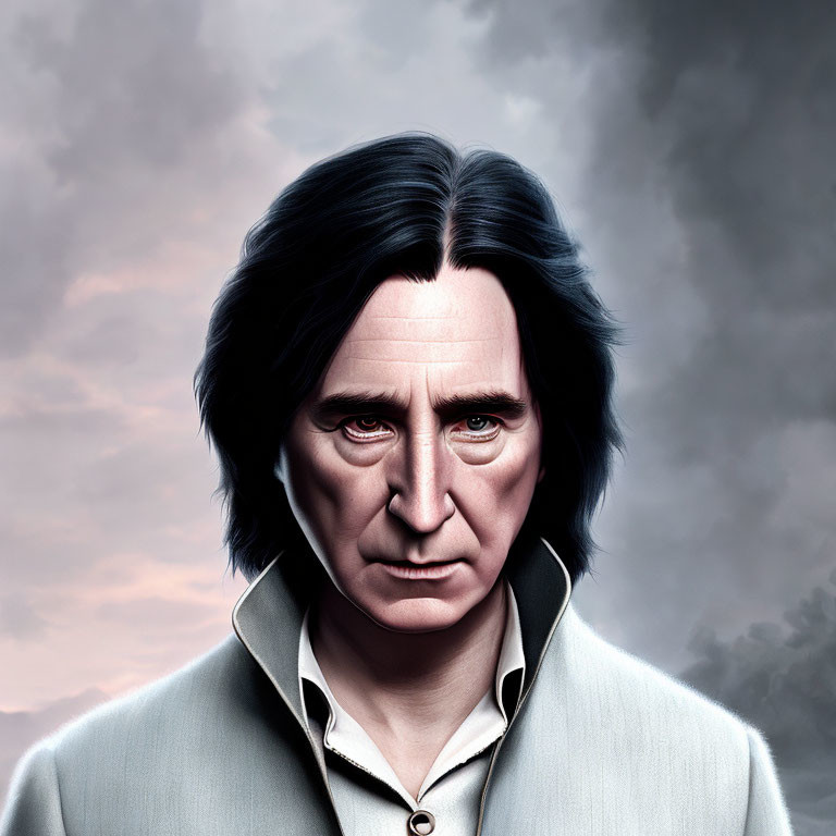 Male character with long black hair in digital portrait against stormy sky