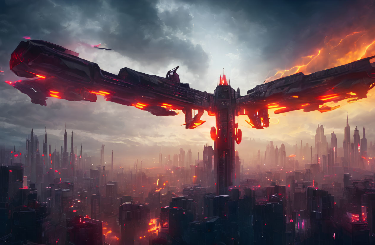 Futuristic spaceship above dystopian city with stormy sky