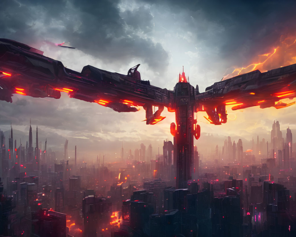 Futuristic spaceship above dystopian city with stormy sky