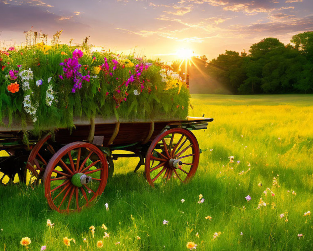 Colorful flowers in old wooden cart in vibrant meadow at sunset