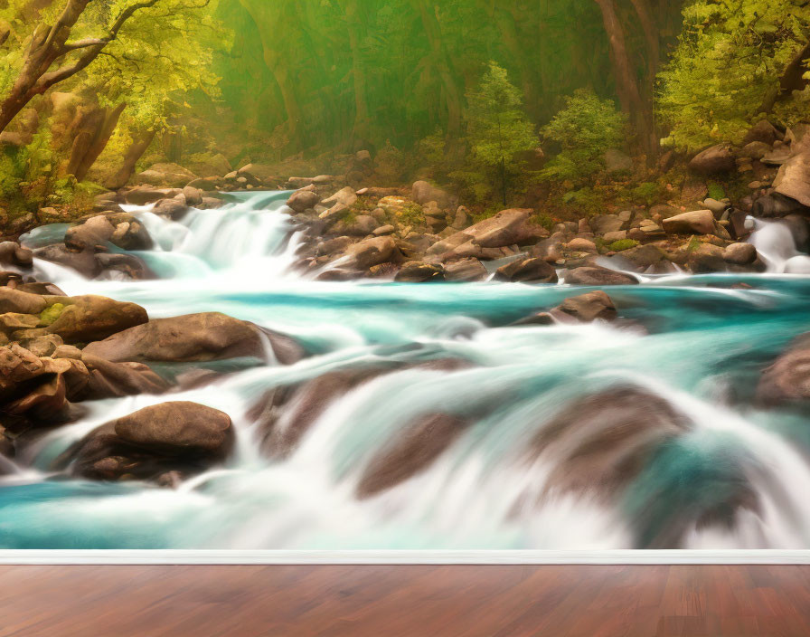 Tranquil Forest River Scene with Turquoise Water and Lush Green Trees