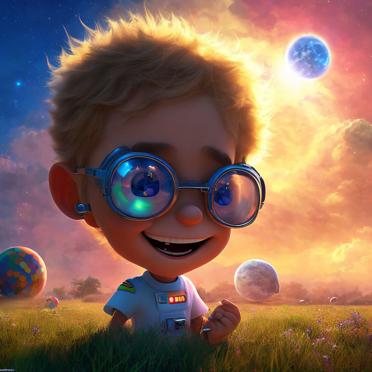 Young boy in futuristic attire smiling in sunset field with fantastical planets.