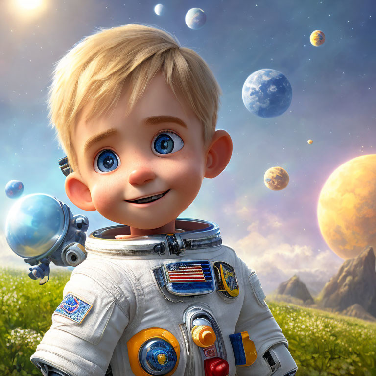 Young animated astronaut in field with planets and bubbles