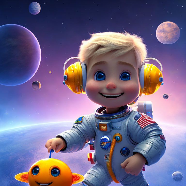 Child Astronaut with Blue Eyes and Yellow Headphones Smiling Next to Orange Robot in Space Setting