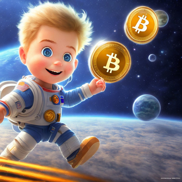 Child astronaut in space reaching for floating Bitcoin coins