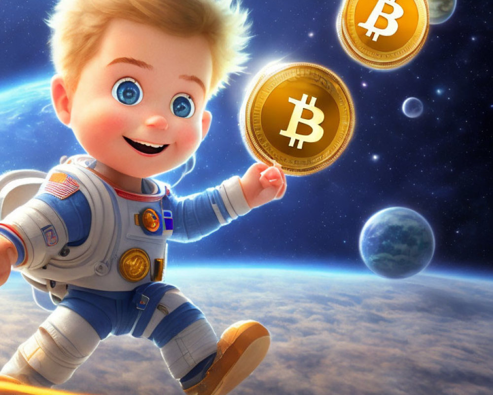 Child astronaut in space reaching for floating Bitcoin coins