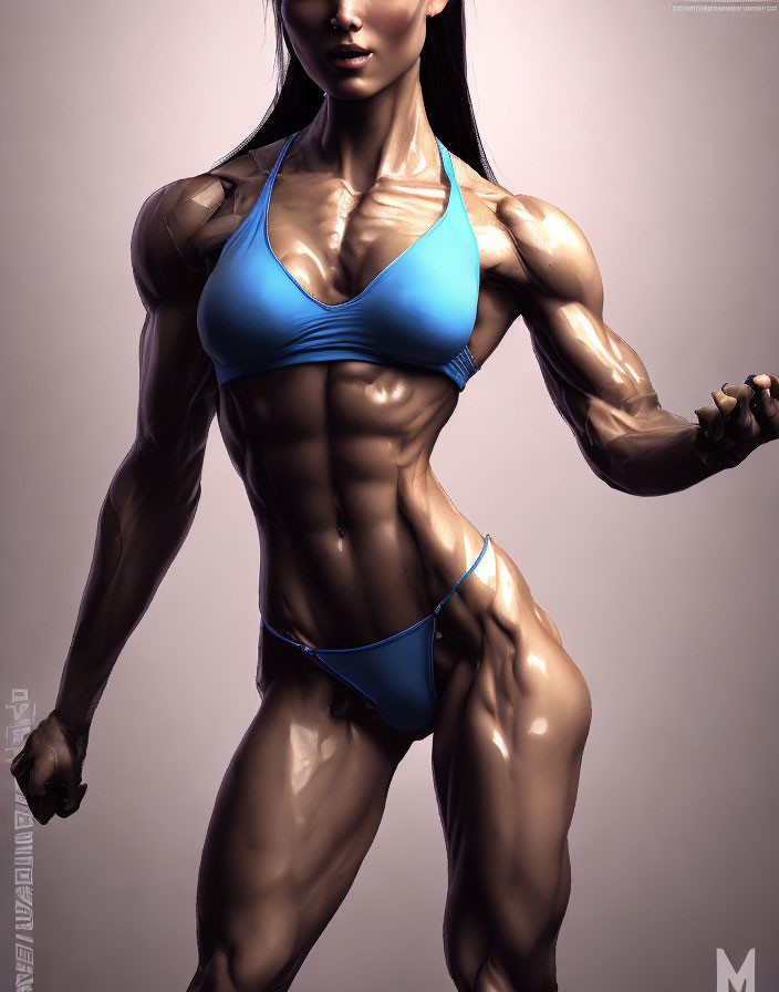 Muscular Woman in Blue Bikini with Defined Physique