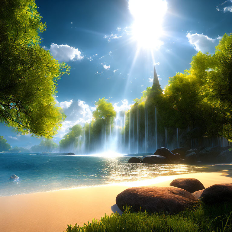 Tranquil beach scene with waterfall, golden sand, and green foliage